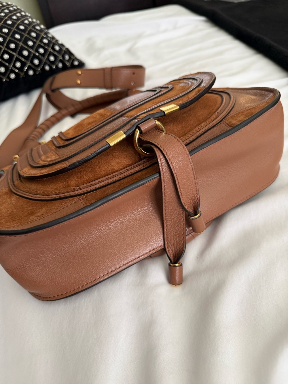 The Chloé Marcie Leather & Suede Patchwork Satchel in Dusty Tan NWT - Picture 10 of 17